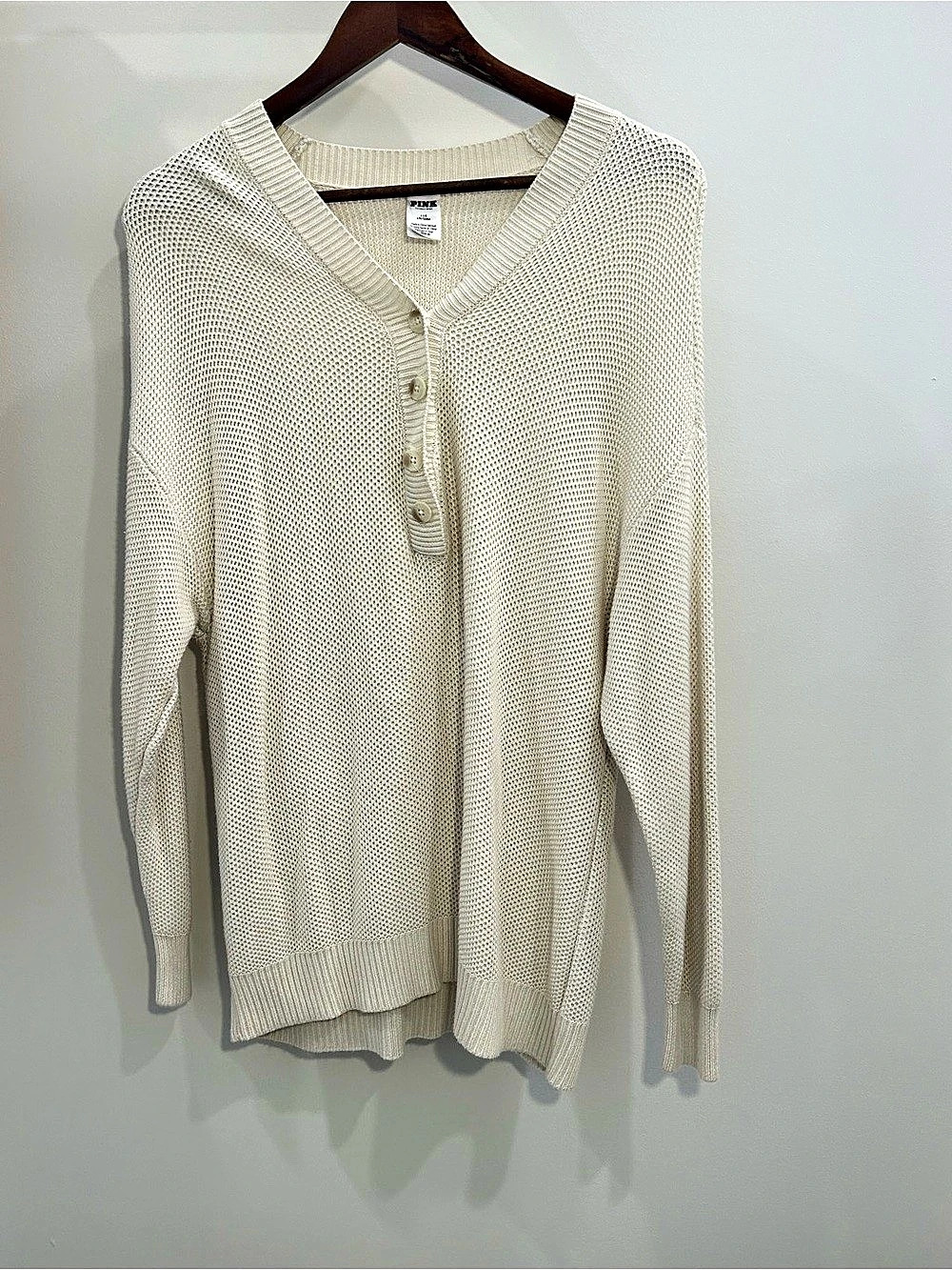 PINK Cream V-Neck Button Front Sweater Size Medium